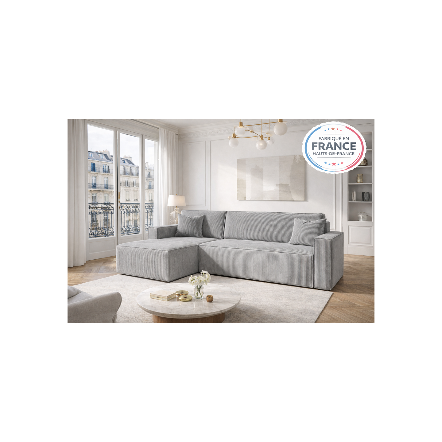 Canapé d’angle Haussmann 240 cm convertible – Fabriqué en France