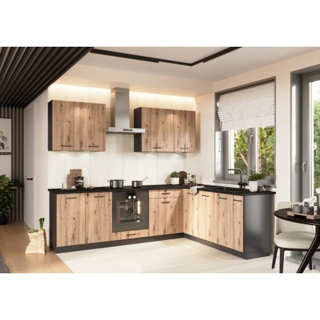 Vooby Project Lumia – Cuisine en L bois clair & graphite 2,6 × 2,0 m